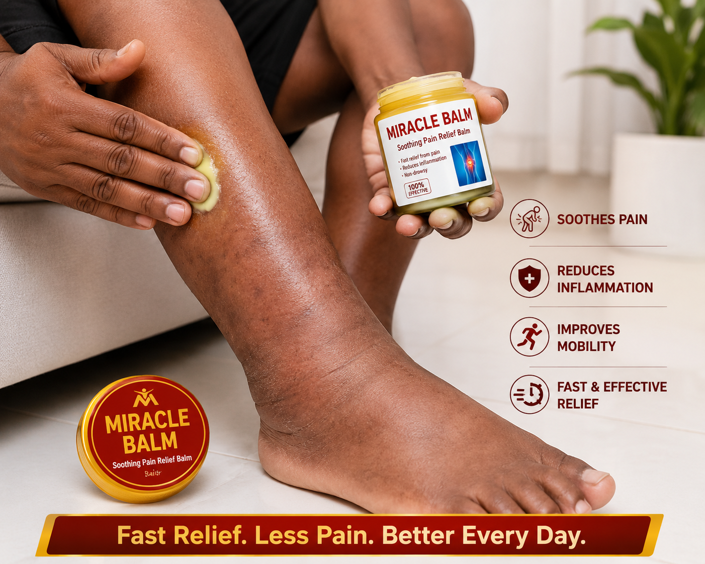 Person applying Miracle Balm to leg — soothes pain, reduces inflammation, improves mobility, fast & effective relief